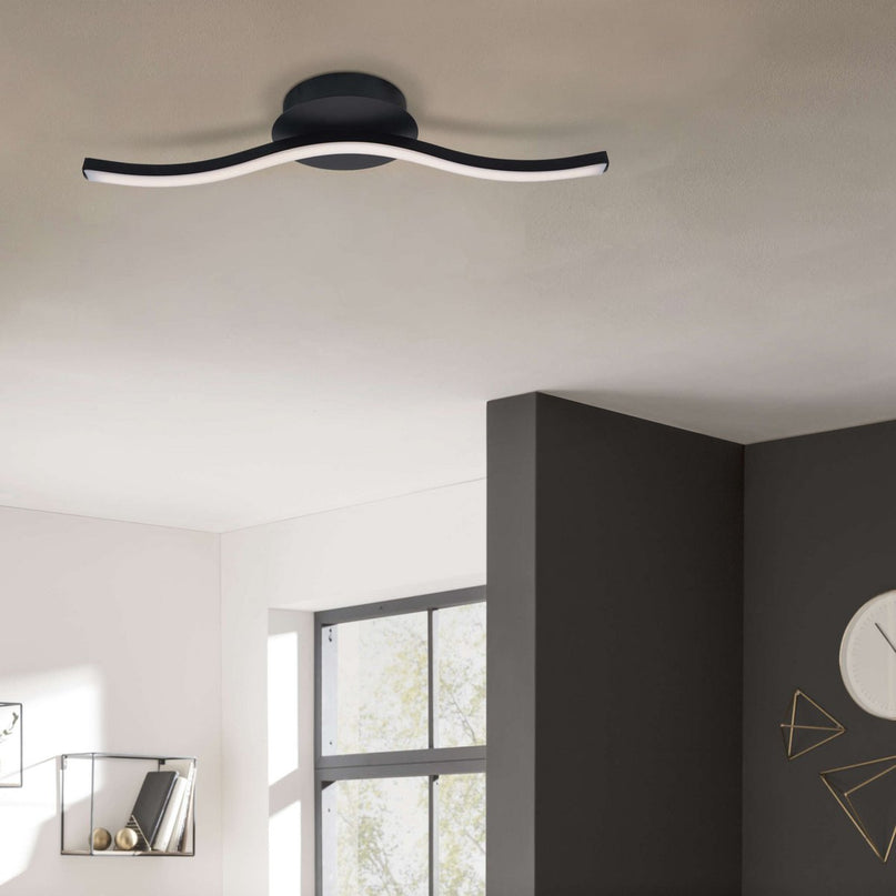 LED-wand/plafondlicht "Onda", metalen plafondlamp en plastic in het zwart, met stevig ingebouwde LED's, verlichting voor woonkamer, kantoor of nachtkastje 45 cm lang
