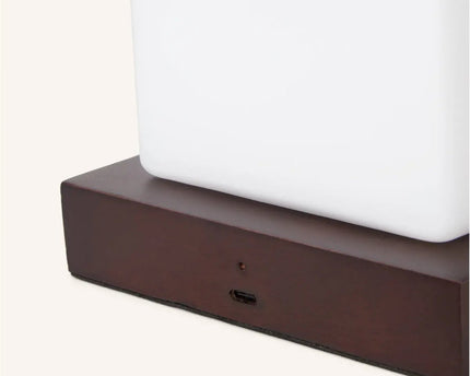 Noah donkerbruine houten oplaadbare tafellamp met glas en houten handgreep