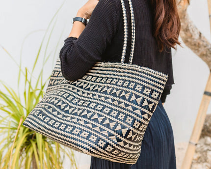 Boho Tote Bag – Zeegras Zomertas – Schouder Strandtas – Geweven Natuurlijke Tas – Grote Boho Boodschappentas KIDUL (zwart)