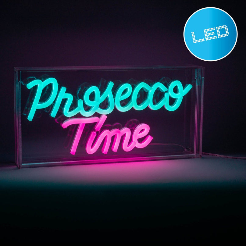 LED-lettertype Light "Prosecco Time" decoratie voor binnen 30 x 15 cm, in blauw en magenta-rood