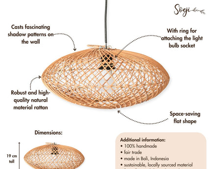 Rattan lampenkap-Boho hanglamp-Natuurlijke plafondlamp-schijfvormige lamp-plat handgeweven plafondlicht (Ø 40 cm) arana