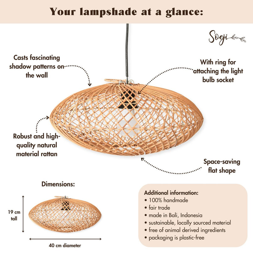 Rattan lampenkap-Boho hanglamp-Natuurlijke plafondlamp-schijfvormige lamp-plat handgeweven plafondlicht (Ø 40 cm) arana