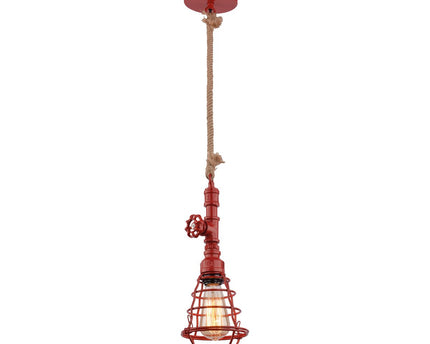 Hanger lamp "regia", rood metaal, henneptouw, E27 -versie, verlichting voor woonkamer, jeugdruimte of kantoor