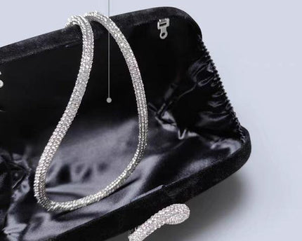Luxe zwart fluwelen feestclutch-fonkelende diamanten riem