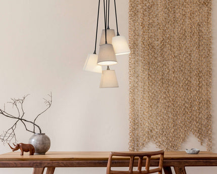 Textiel hanger lamp "boho", jong wonen, hangende lamp met 5 textiel parasols in beige en bruin, met E14 -aansluiting, voor eetkamer, woonkamer, gang of kantoor, 95 cm hoog