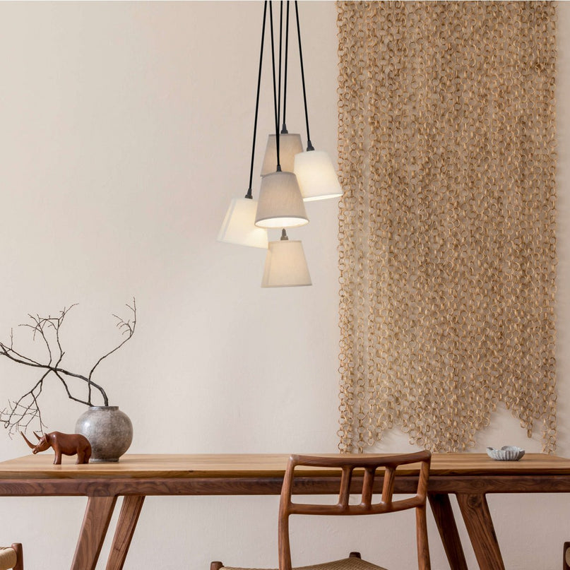 Textiel hanger lamp "boho", jong wonen, hangende lamp met 5 textiel parasols in beige en bruin, met E14 -aansluiting, voor eetkamer, woonkamer, gang of kantoor, 95 cm hoog