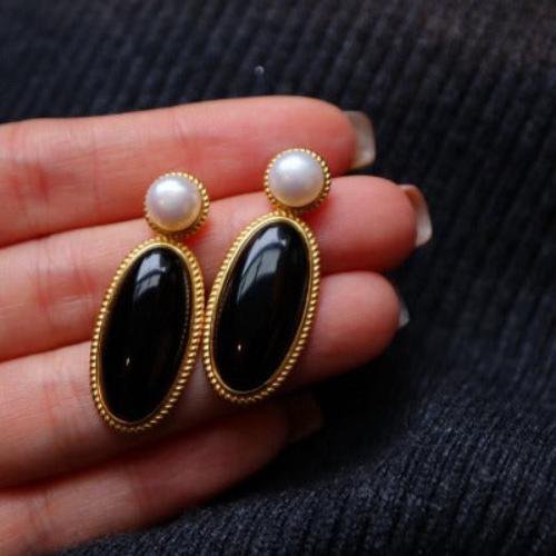 Moderne vintage zwarte onyx oorbellen