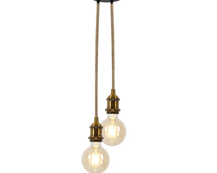 Metalen metalen Baldachin met 2 personen "Ontario" Decoratieve hanglamp gemaakt van metaal in alt-messing en jute, E27-versies, verlichting voor woonkamers of kantoor.