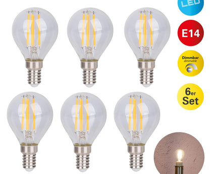 6-set LED-filamentlamp met E14 versie 4 watt, gemaakt van metaal en glas, helder