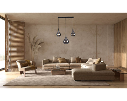 3-be hanglamp "Gota", retro klassieke hanglamp gemaakt van zwart rookglas met E27-frames, 88 cm lang, 150 hoog, ideaal voor eetkamer, woonkamer en keuken.