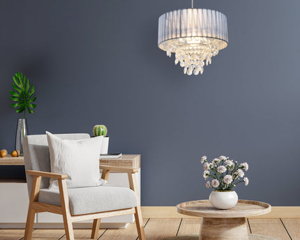 Deko hanglamp "Crystallo", hanglamp gemaakt van metaal, transparant plastic en grijs textielmateriaal, E27 -aansluiting, voor eetkamer, woonkamer, gang of kantoor, 30 cm diameter