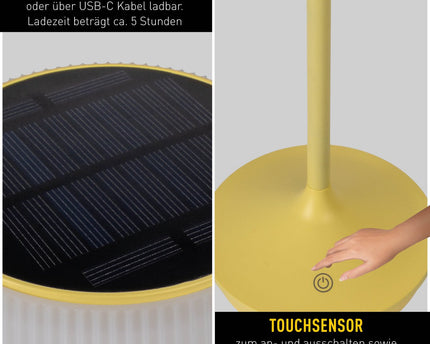 Zonne -batterijlamp "EMMI" 38 cm hoog, paraplu Ø 13 cm, metaal in geel en wit plastic, voor de buitenruimte, dimable CCT.
