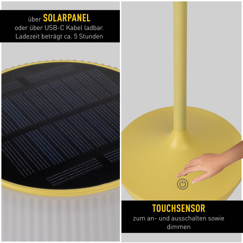 Zonne -batterijlamp "EMMI" 38 cm hoog, paraplu Ø 13 cm, metaal in geel en wit plastic, voor de buitenruimte, dimable CCT.