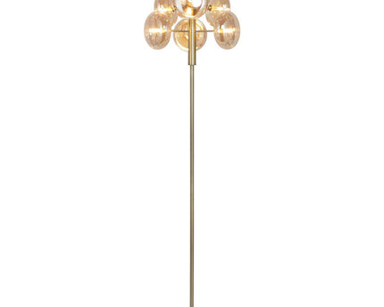 Staande lamp "Orion" ongeveer 165 cm hoog, gemaakt van messing gekleurd metaal en glas in barnsteen, G9-basis, verlichting voor woonkamer, eetkamer of kantoor.