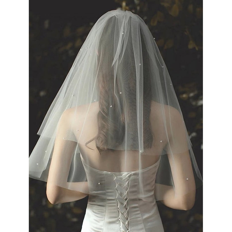 Elegante tweedelige bruidssluier met kleine parels