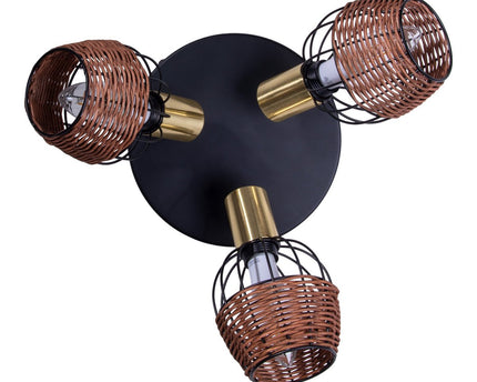 3 "Corbis" plafond Rondel, metalen plek in zwart, met goud en rattan, met E14 -aansluiting, voor eetkamer, woonkamer, gang of kantoor, verlichting voor woonkamer, eetkamer of kantoor, 38 cm diameter, diameter van 38 cm