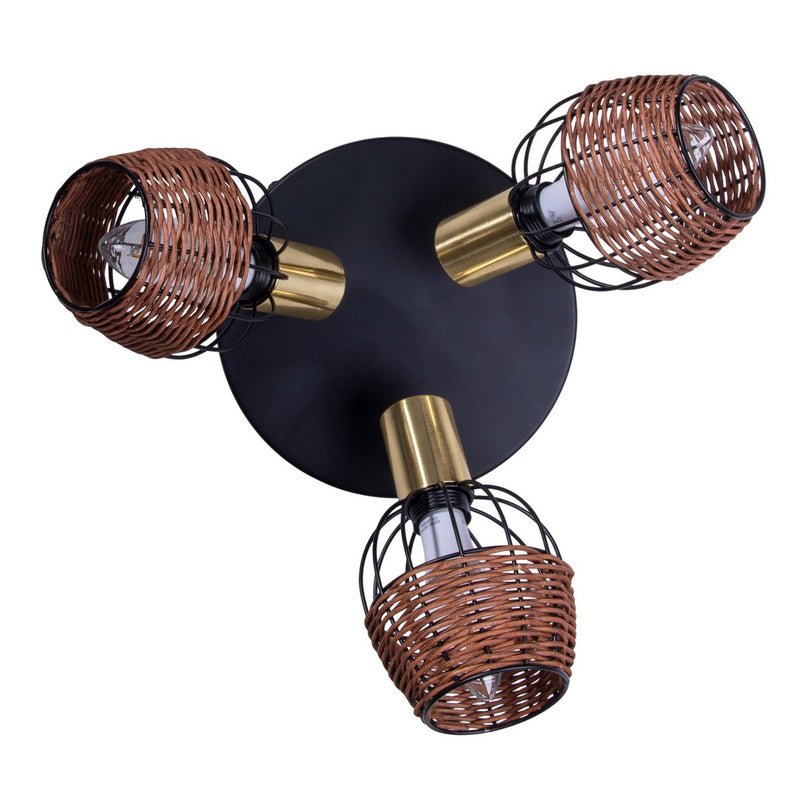 3 "Corbis" plafond Rondel, metalen plek in zwart, met goud en rattan, met E14 -aansluiting, voor eetkamer, woonkamer, gang of kantoor, verlichting voor woonkamer, eetkamer of kantoor, 38 cm diameter, diameter van 38 cm