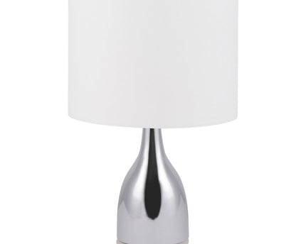 De "Cosima" LED -tafellamp is 43,5 cm hoog, paraplu Ø 25 cm, gemaakt van metaal, plastic, textielmateriaal in de kleuren chroom en wit. Beide geïntegreerde LED's in de Light Foot en E14 -versie