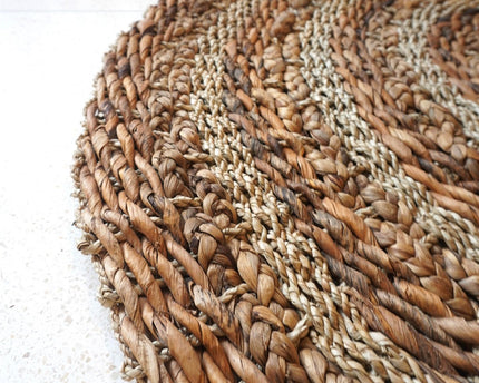 Vloerkleed 100/120 cm met strepen rond vloerkleed van plantaardige vezels, bananenvezel, zeegras en waterhyacint bruin beige tapijt POHON (2 maten)