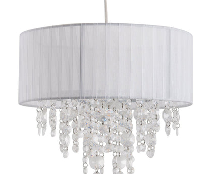 Decoratieve hanglamp "Crystallo", hanglamp gemaakt van metaal, transparant plastic en wit textielmateriaal, E27 -aansluiting, voor eetkamer, woonkamer, gang of kantoor, 30 cm diameter