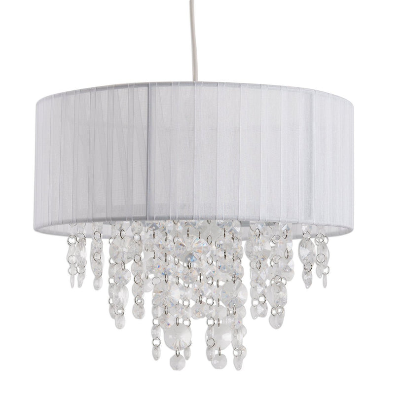 Decoratieve hanglamp "Crystallo", hanglamp gemaakt van metaal, transparant plastic en wit textielmateriaal, E27 -aansluiting, voor eetkamer, woonkamer, gang of kantoor, 30 cm diameter