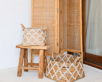 Boho wasmand – vierkante plankmand – geweven opbergmand – plantenmand – decoratieve mand gemaakt van bananenvezel GANDARIA (2 maten)