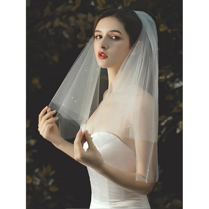 Elegante tweedelige bruidssluier met kleine parels