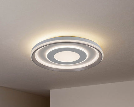 LED-plafondlamp "Doira" Ø 50,5 cm, 7,5 cm hoog, metaal en plastic in zilver en wit, geïntegreerde LED's, 3600 lm licht licht, dimable, CCT-functie 3000-6500 K, nachtlichtfunctie
