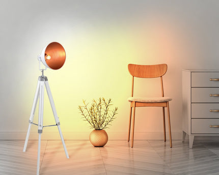 Staande lamp driekbende "" Christie "" gemaakt van metaal en wit geschilderd hol, e27, 90-130 cm hoog