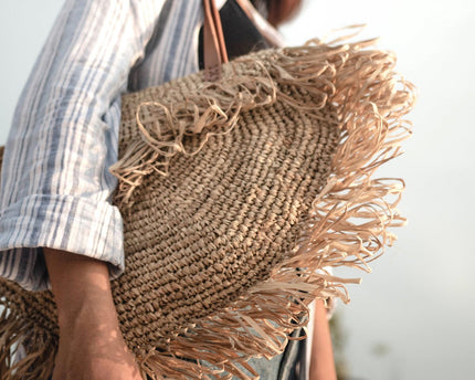 Beige schoudertas met franjes Strandtas Tote Boodschappentas SUMBAWA