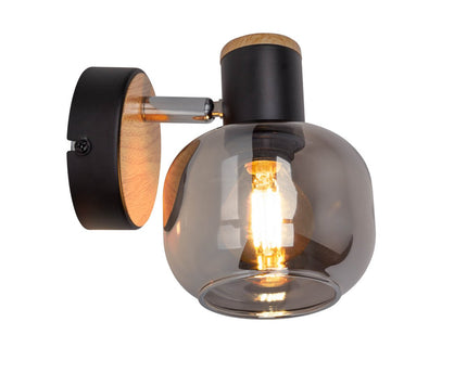 Glazen wandvlek "fumoso", wandlamp gemaakt van zwart en rookglas in zwart en de natuur, met E14 -aansluiting, voor eetkamer, woonkamer, gang of kantoor, lamp voor woonkamer, eetkamer, gang of gang 16 x 14 cm