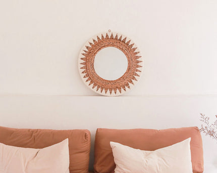 Ronde Boho Spiegel 60 cm | Handgemaakte geweven wandspiegel AWAN | Wanddecoratie met patroon gemaakt van katoenen koorden