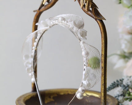 Romantische zilveren mesh bruidshoofdband-keramische bloemen