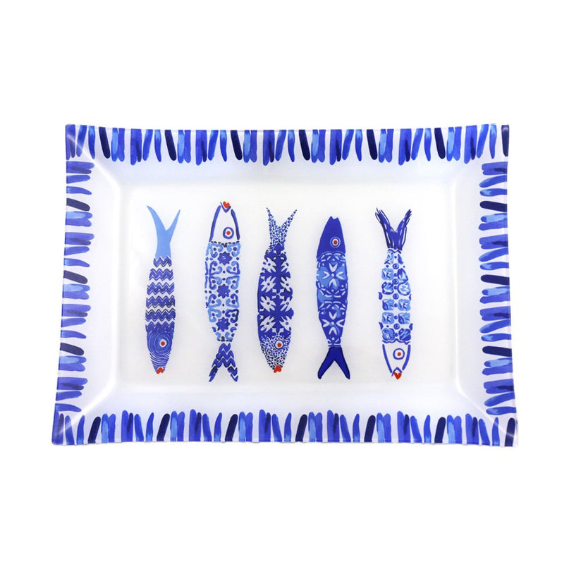 Rechthoekige schotel blauwe vis 35x25x2,8 cm