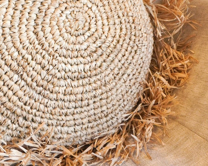 Rond Boho Kussen met Franjes Decoratief Kussen Ø40/50 cm Sierkussen van Raffia Bankkussen met Vulling TARAKAN beige
