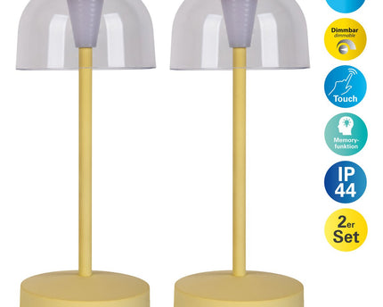 2-ex-ingestelde LED-batterijtafellamp "Gomba" voor buiten en binnen, gemaakt van metaal en plastic in geel, 18,5 cm hoog