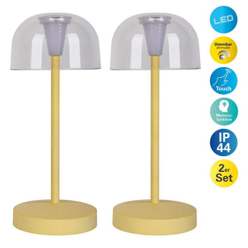 2-ex-ingestelde LED-batterijtafellamp "Gomba" voor buiten en binnen, gemaakt van metaal en plastic in geel, 18,5 cm hoog