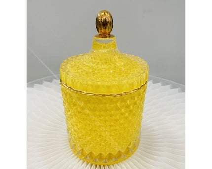 Een luxe glazen pot in een prachtige gele kleur