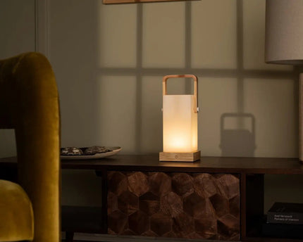 Harper lichtbruine houten lamp – draadloze oplaadbare tafellamp met handvat