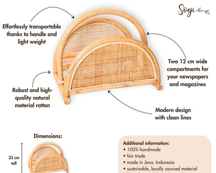 Rotan Krantenrek – Tijdschriftenhouder – Boho Krantenmand – Handgemaakte Rotan Krantenhouder ALOR