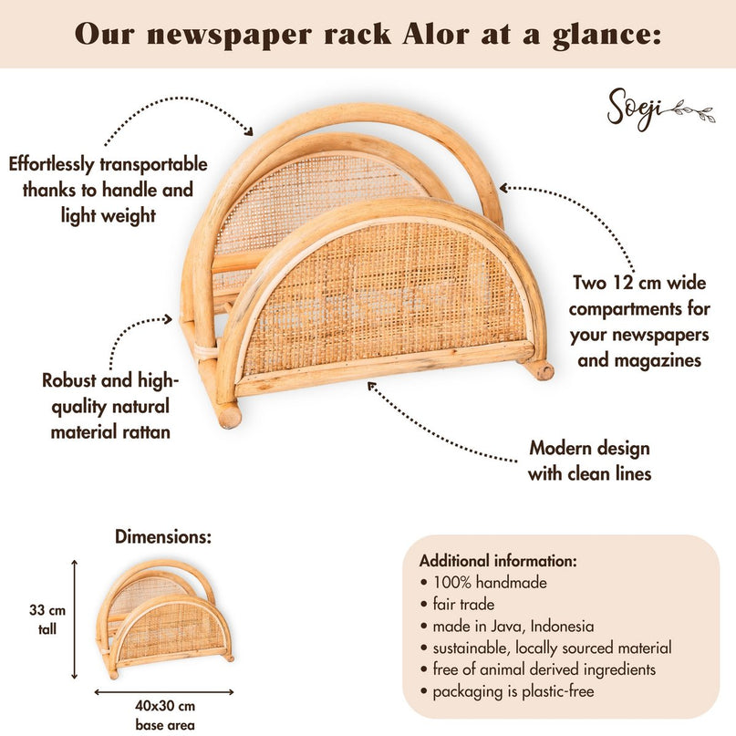 Rotan Krantenrek – Tijdschriftenhouder – Boho Krantenmand – Handgemaakte Rotan Krantenhouder ALOR