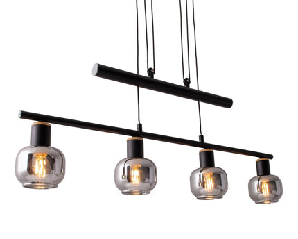 4 hanger lamp "fumoso", hanglamphoogte verstelbaar gemaakt van metaal en rookglas in zwart, met E14 -aansluiting, voor eetkamer, woonkamer, gang of kantoor, 78 x 10 cm