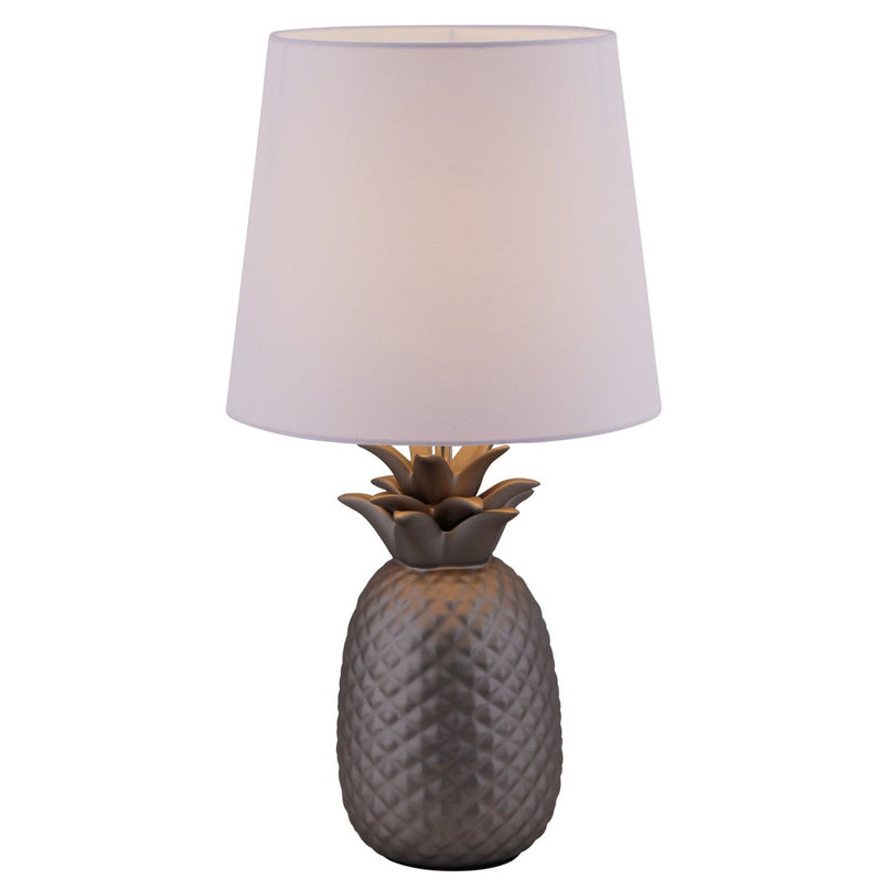 Keramisch tafellicht "ananas", keramische tafellamp met zilverkleurig glazuur en wit stofscherm, met E14-aansluiting, voor eetkamer, woonkamer, gang of kantoor, taflamp 45 cm hoog