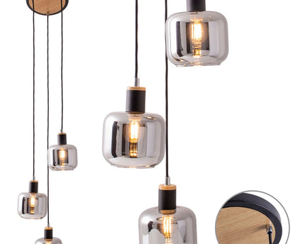 3 plafondlamp "fumoso", hanglamp gemaakt van metaal en glas in zwart, met E14 -aansluiting, voor eetkamer, woonkamer, hal of kantoor, hangende lamp Totale hoogte 123 cm.