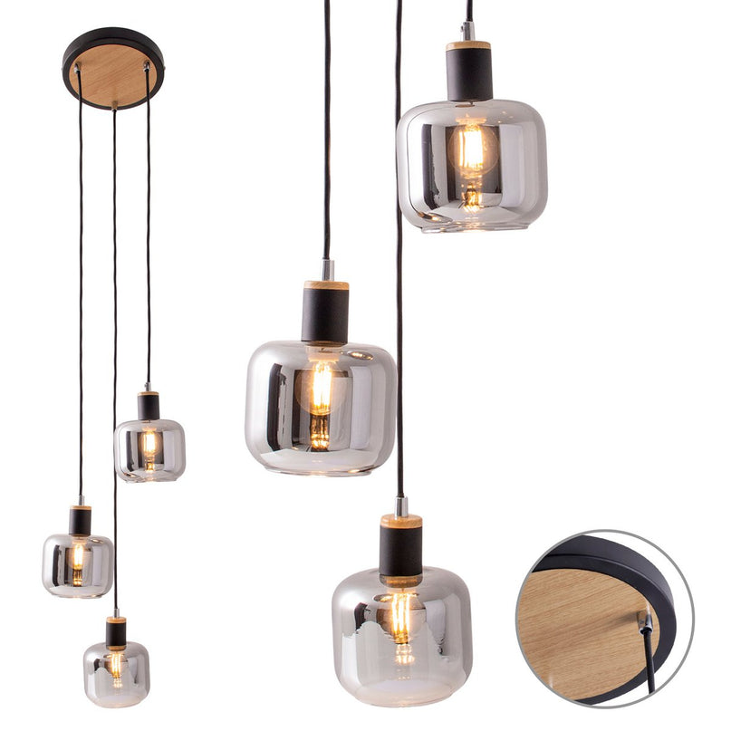 3 plafondlamp "fumoso", hanglamp gemaakt van metaal en glas in zwart, met E14 -aansluiting, voor eetkamer, woonkamer, hal of kantoor, hangende lamp Totale hoogte 123 cm.