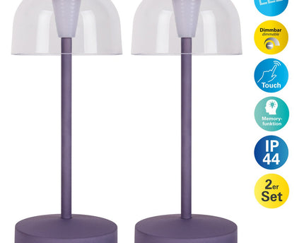 2-ex-ingestelde LED-batterijtafel Licht "Gomba" voor buiten en binnen, gemaakt van metaal en plastic in bramen, 18,5 cm hoog