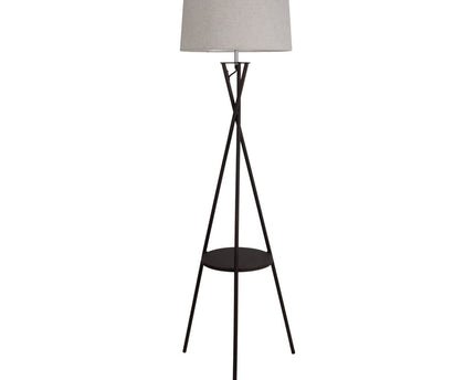 Staande lamp met geïntegreerde "tora" tafel gemaakt van roest -gekleurd metaal en natuurlijk gekleurd textielmateriaal, 158 cm hoog Ø 51 cm, e27