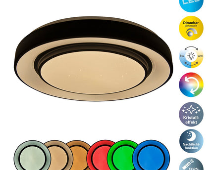 LED -plafondlamp "Monterey" Ø 37,5 cm, vele functies, gemaakt van metaal en plastic in het zwart, met geïntegreerde LED's, verlichting voor woonkamers, gang of kantoor