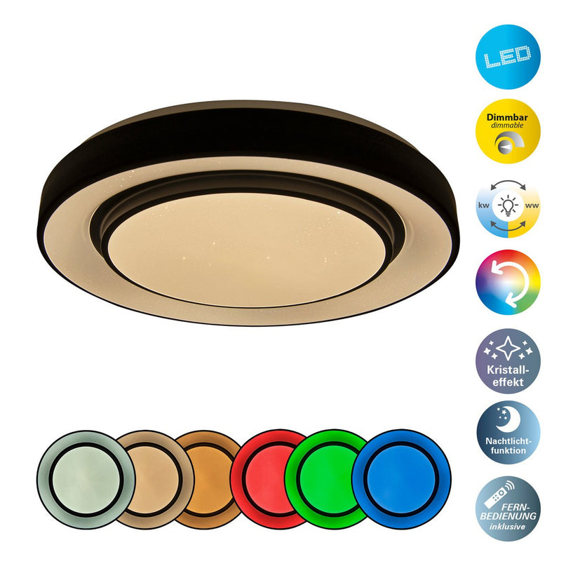 LED -plafondlamp "Monterey" Ø 37,5 cm, vele functies, gemaakt van metaal en plastic in het zwart, met geïntegreerde LED's, verlichting voor woonkamers, gang of kantoor
