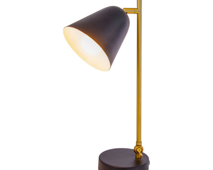 De "Triton" tafellamp gemaakt van zwart en messing gekleurd metaal is 42,5 cm hoog, heeft een E14-versie en is ideaal voor woonkamer, gang, kantoor of dessert